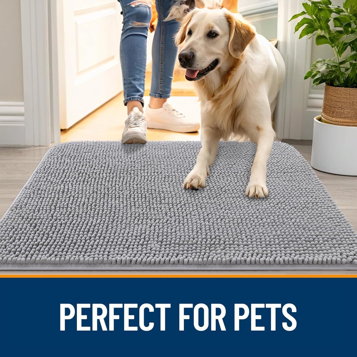 OLANLY Dog Door Mat - Absorbent Non-Slip Chenille Mat for Muddy Paws | 30x20 Light Grey Indoor Carpet