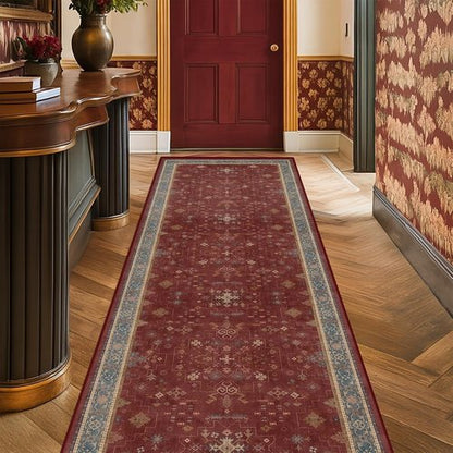 Hazo Haus Non-Slip 10ft Long Hallway Runner Rug - Burgundy Washable & Waterproof 2x10 Kitchen Mat | Oriental Turkish Design