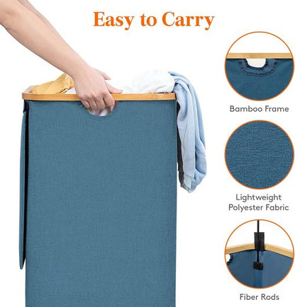 Lifewit 100L Laundry Basket - Foldable Hamper with Lid & Bamboo Handles | Dark Blue, Removable Bag