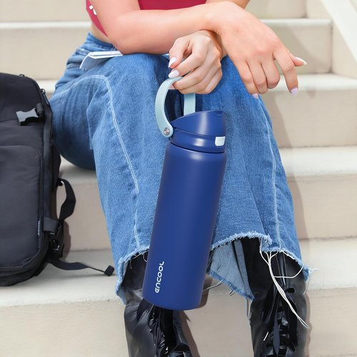 ENCOOL Insulated Water Bottle - Leakproof Dual-Sip Design | Keeps Drinks Cold All Day, 24 oz, Jet Black