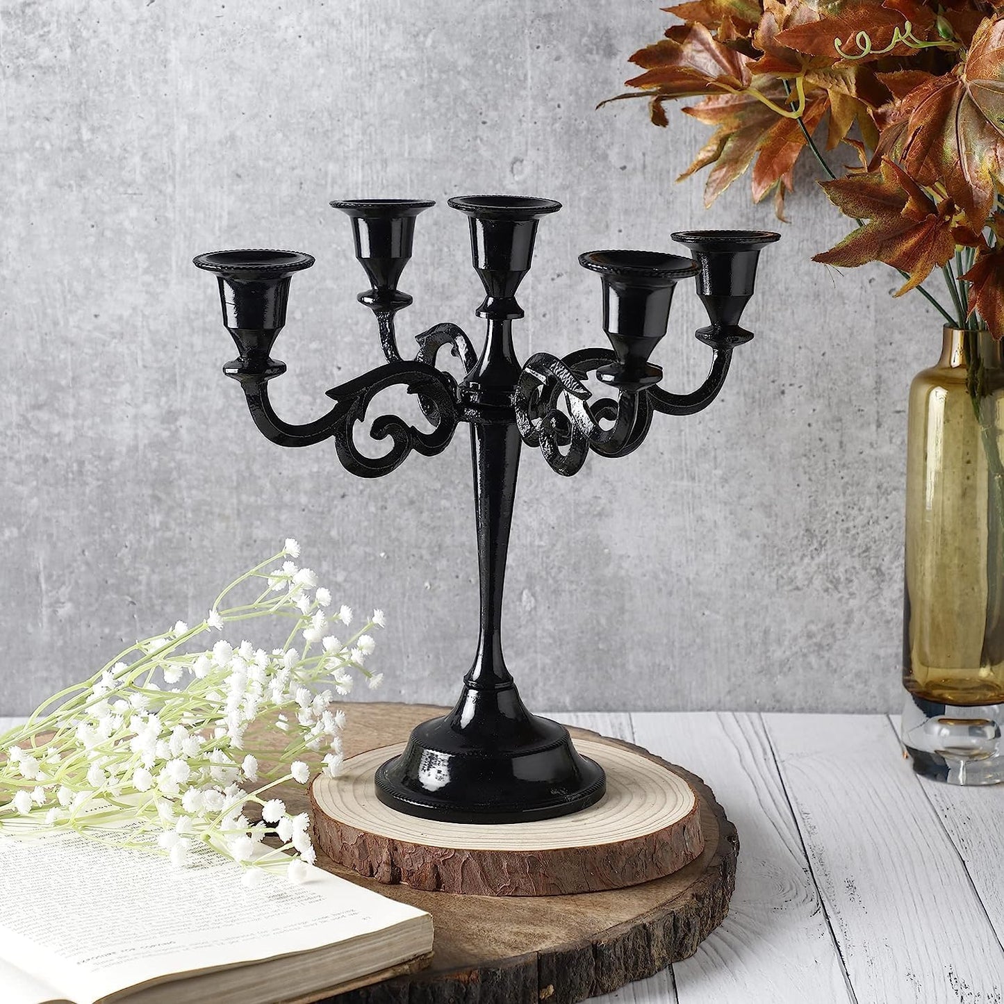 Rely+ 5 Arm Candelabra | Elegant Black Glossy Taper Candle Holders for Indoor Décor