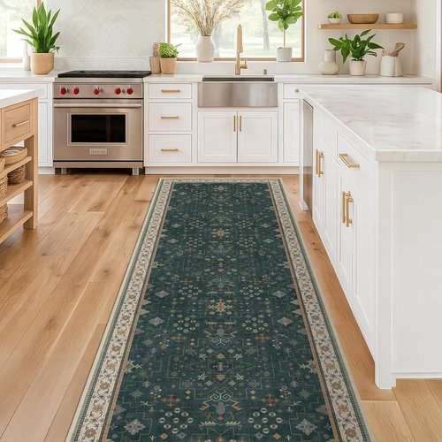 Hazo Haus Dark Green Kitchen Rug - Modern Vintage Boho Floral Design, Washable Non-Slip 10 ft Runner
