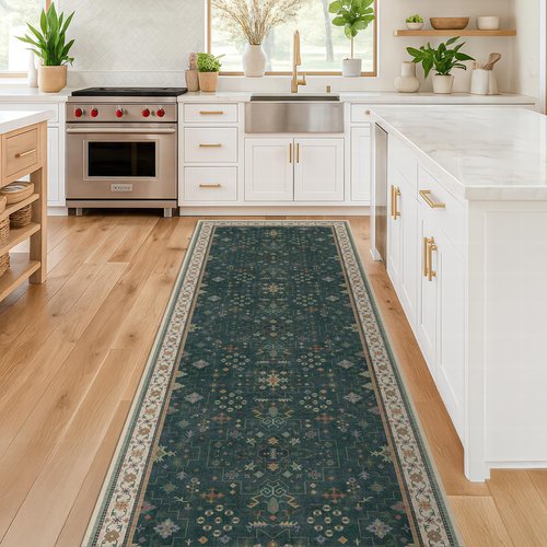 Dark Green Washable Kitchen Runner Rug, 2'6"x8' Wide & Long Non-Slip Rubber Backing Runner for Hallways, Stain Resistant Rugs for Entryway