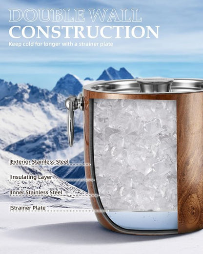 Insulated Ice Bucket, 3L Double Wall Stainless Steel Ice Bucket with Tongs,Lid, Scoop and Strainer, Ice Buckets for Parties,Cocktail Bars, Chilling Beer, Champagne, Wine Bottles,Wood