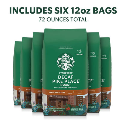 Starbucks Ground Coffee, Medium Roast Hot or Iced Coffee, Decaf Pike Place Roast, Six 12 oz Bags