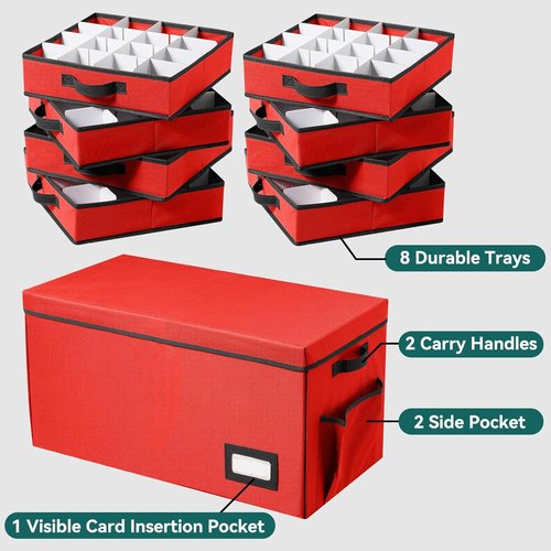 Christmas Ornament Storage Box - Stackable Organizer with Lid & Pockets | 8 Trays, Red