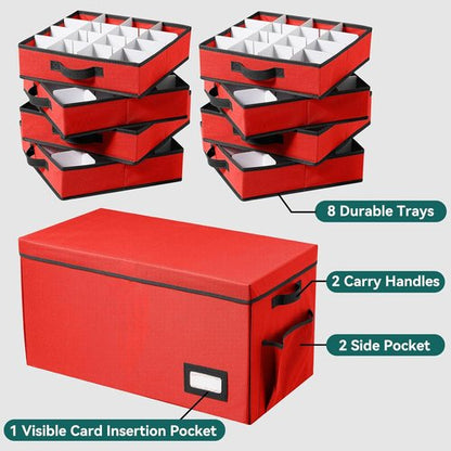Christmas Ornament Storage Box - Stackable Organizer with Lid & Pockets | 8 Trays, Red