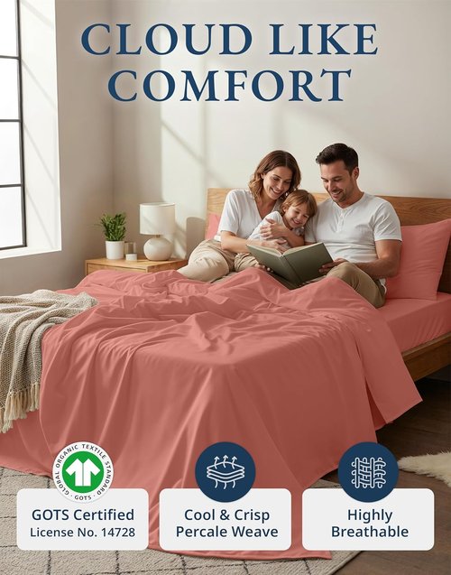 Lane Linen 100% Organic Cotton King Sheet Set - Fully Elasticized, Fade Resistant & Naturally Cooling - Rose Dawn