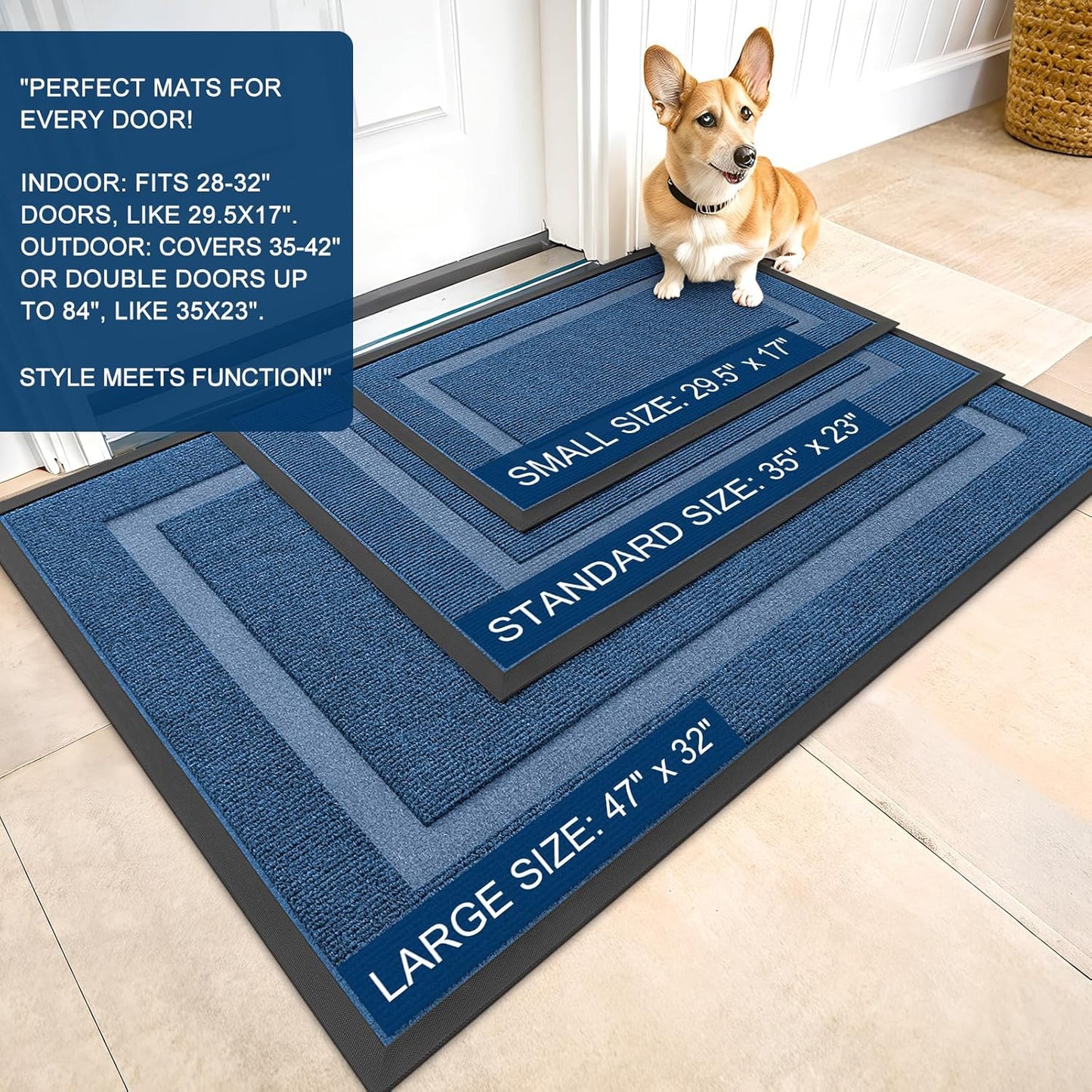 OLANLY Indoor Outdoor Front Door Mat - Waterproof All-Season Doormat, Sturdy Rubber, Easy Clean | 29.5x17, Light Blue