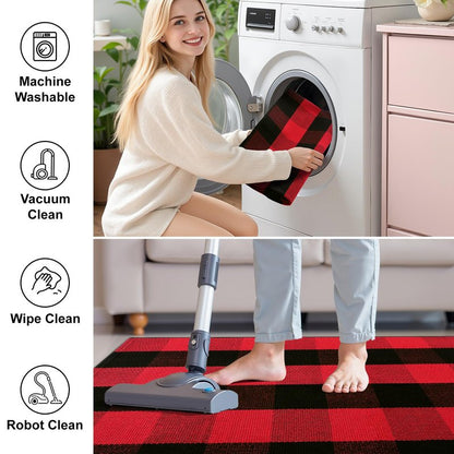 OLANLY Buffalo Plaid Rug 2'4" x 3'7" (27.5" x 43") – Red and Black Cotton Checkered Doormat, Washable Indoor Outdoor Rug for Layered Front Porch, Kitchen, Entryway Decor