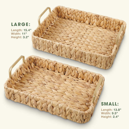 Natural Wicker Trays Set of 2 - Decorative Rectangular Trays with Handles for Coffee Table & Living Room