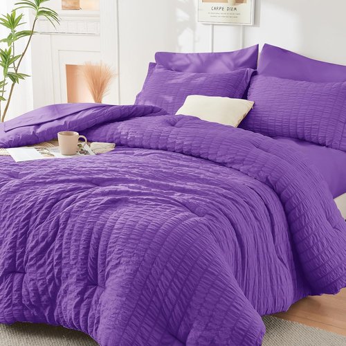 HYMOKEGE California King Comforter Set - Bright Purple Seersucker 7-Piece Luxury Bedding Set