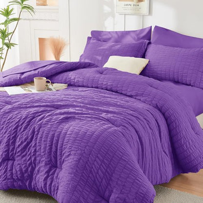 HYMOKEGE California King Comforter Set - Bright Purple Seersucker 7-Piece Luxury Bedding Set