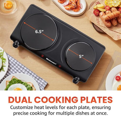 Elite Gourmet Countertop Double Cast Iron Burner - 1500 Watts Electric Hot Plate with Temperature Controls & Power Indicator Lights - Easy to Clean, Black (Pack of 3)