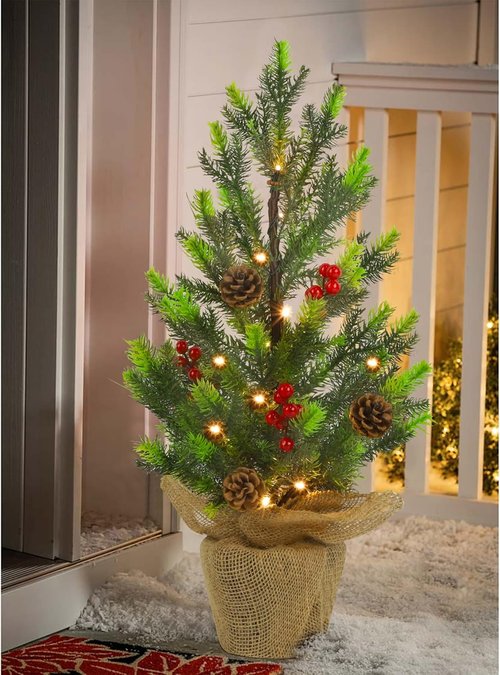 Juegoal 24-Inch Pre-Lit Christmas Pine Tree - Warm White Fairy Lights | Small Tabletop Decor with Burlap Base