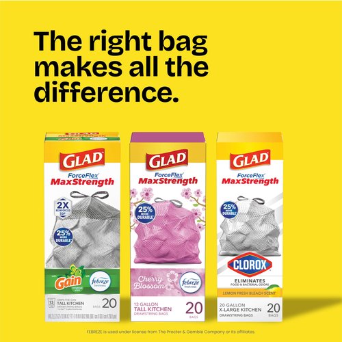 Glad ForceFlex MaxStrength XL Kitchen Trash Bags, 20 Gal, Fresh Clean, 80 Ct (Package May Vary)