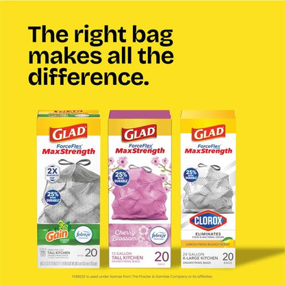 Glad ForceFlex MaxStrength XL Kitchen Trash Bags, 20 Gal, Fresh Clean, 80 Ct (Package May Vary)