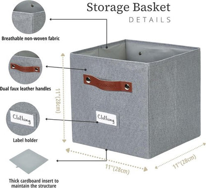 DECOMOMO Storage Bins - Fabric Cube Storage Bins with Labels | 11" Size, 6-Pack in Texture Grey