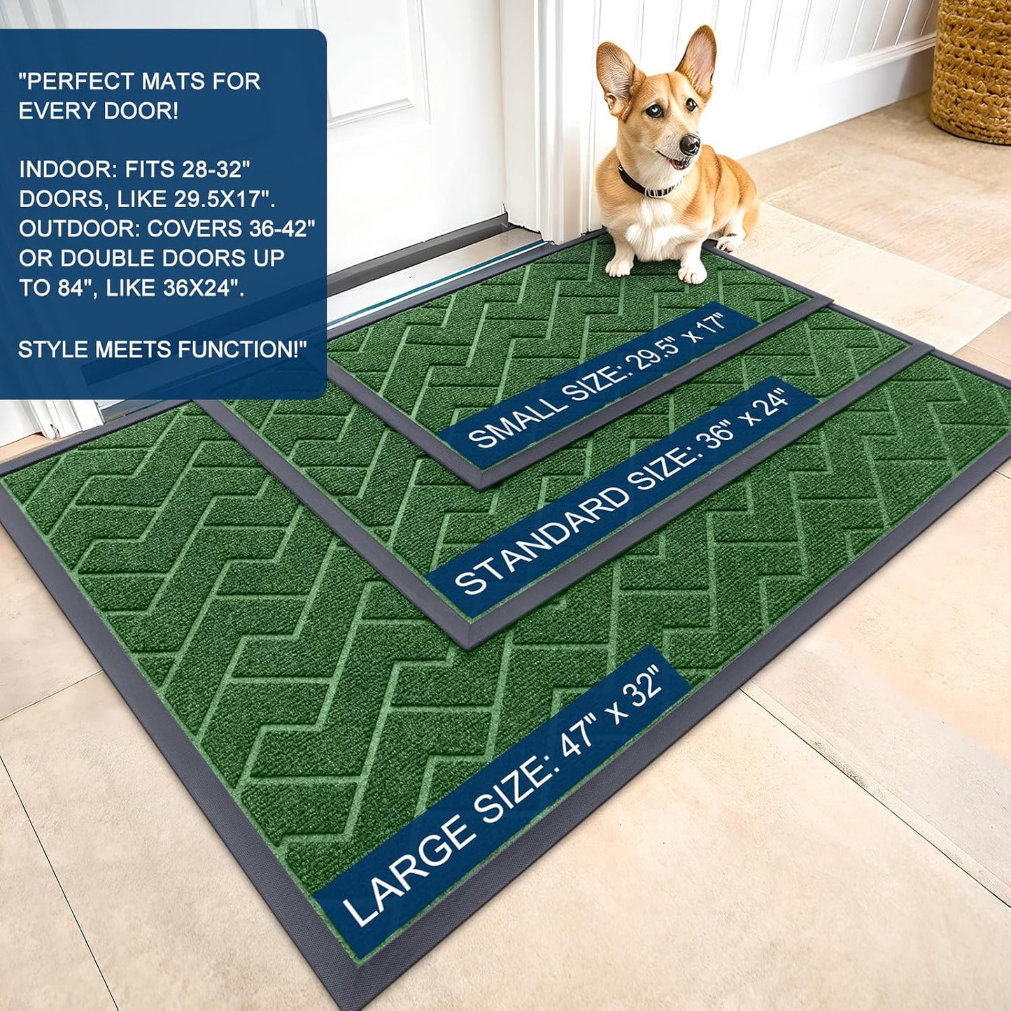 OLANLY Waterproof Front Door Mat - All-Season Indoor/Outdoor Doormat, Sturdy Natural Rubber, Herringbone Brick (Green, 47x23)