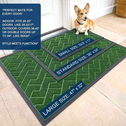 OLANLY Indoor Outdoor Front Door Mat - Waterproof All-Weather Herringbone Design | Easy Clean, 47x17 Inches (Green)