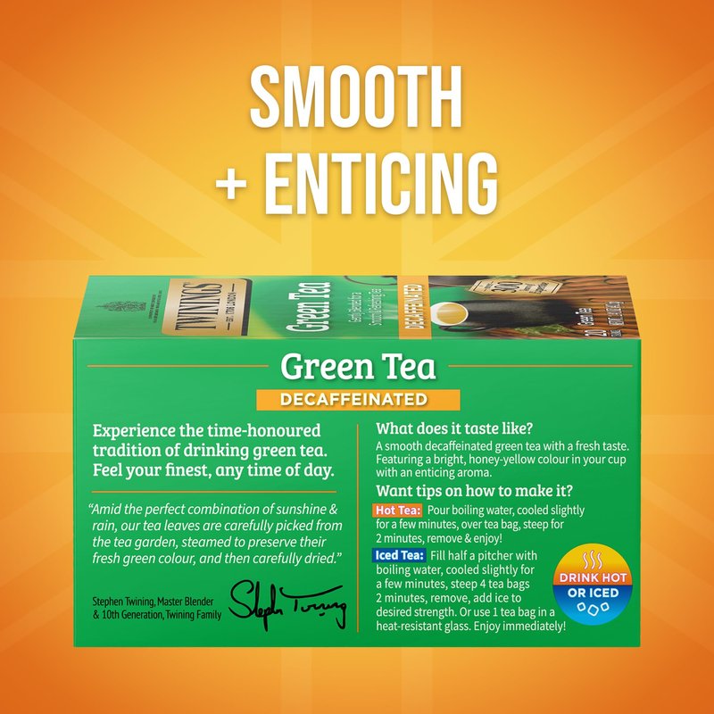Twinings Decaffeinated Green Tea Individually Wrapped Bags, 20 Count (Pack of 6), Smooth Flavour, Enticing Aroma, Enjoy Hot or Iced, 120 Teabags