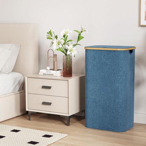 Lifewit 100L Laundry Basket - Foldable Hamper with Lid & Bamboo Handles | Dark Blue, Removable Bag