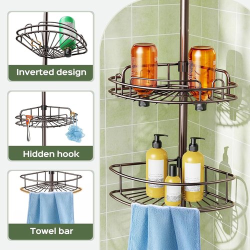 HAMITOR Corner Shower Caddy - 4-Tier Rust-Resistant Bathroom Organizer | Adjustable 47-121 Inch - No-Drill Installation - Space-Saving Bronze Shelves