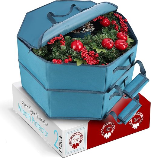 Hearth & Harbor Christmas Wreath Storage Organizer Box - Premium Hard Shell with Dual Zipper & Pockets | 24" Blue