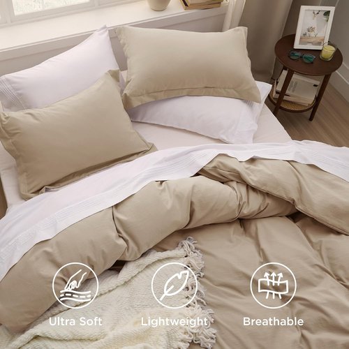 Bedsure King Duvet Cover Set - Soft Prewashed Cotton-Like Polyester, Light Brown | 3 Pieces, 120x98 Inches