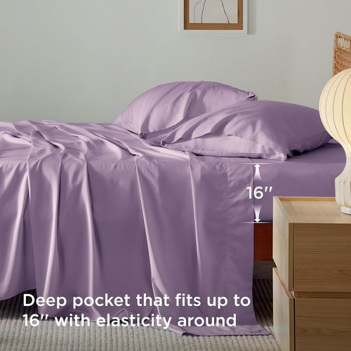 Bedsure Queen Sheet Set - Cooling Bamboo Rayon Sheets | Breathable & Soft, Deep Pocket Up to 16 Inches, Lilac