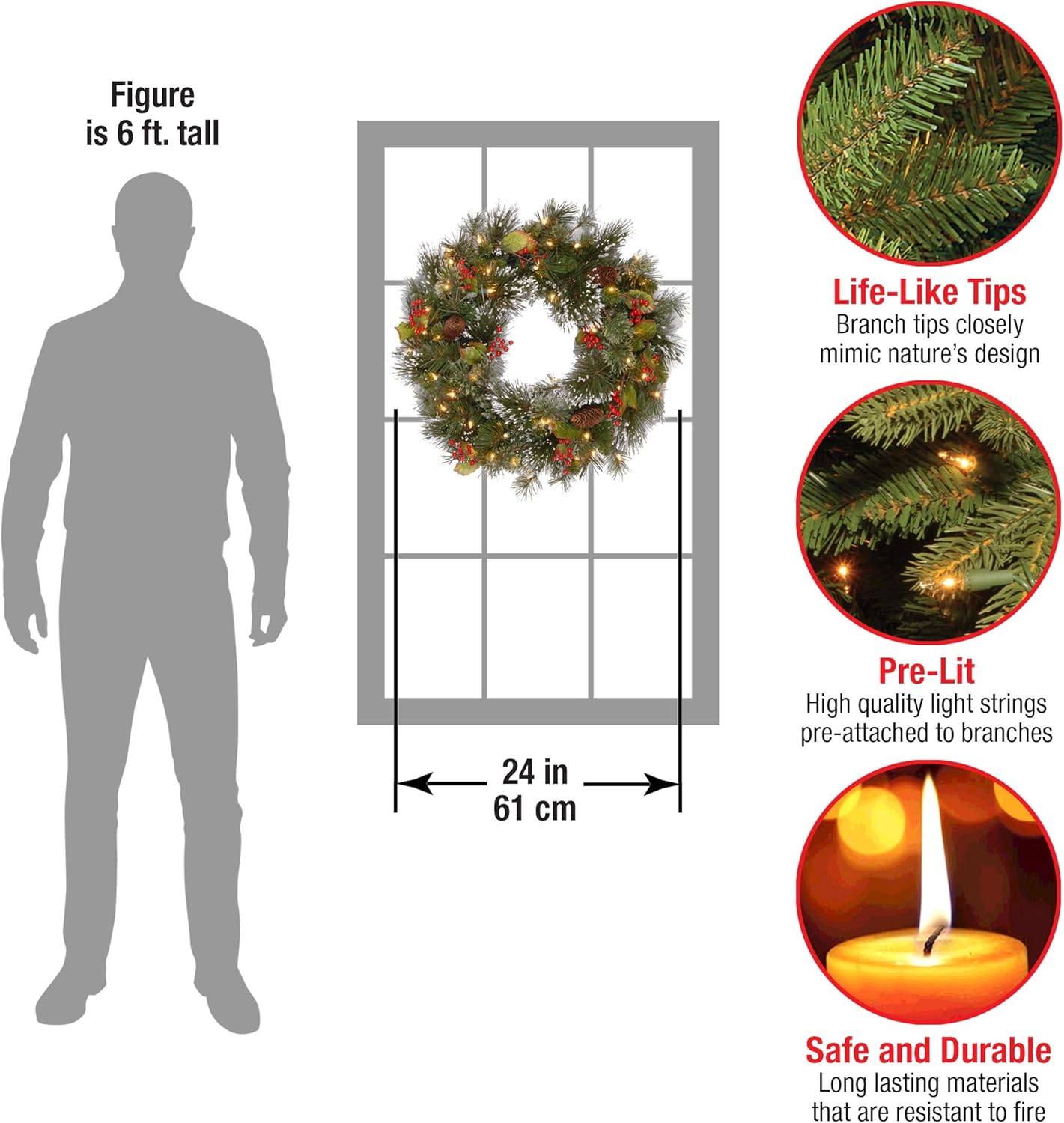 National Tree Company 24-Inch Pre-Lit Wintry Pine Flocked Christmas Wreath - 50 LED Lights, Pinecones & Berries