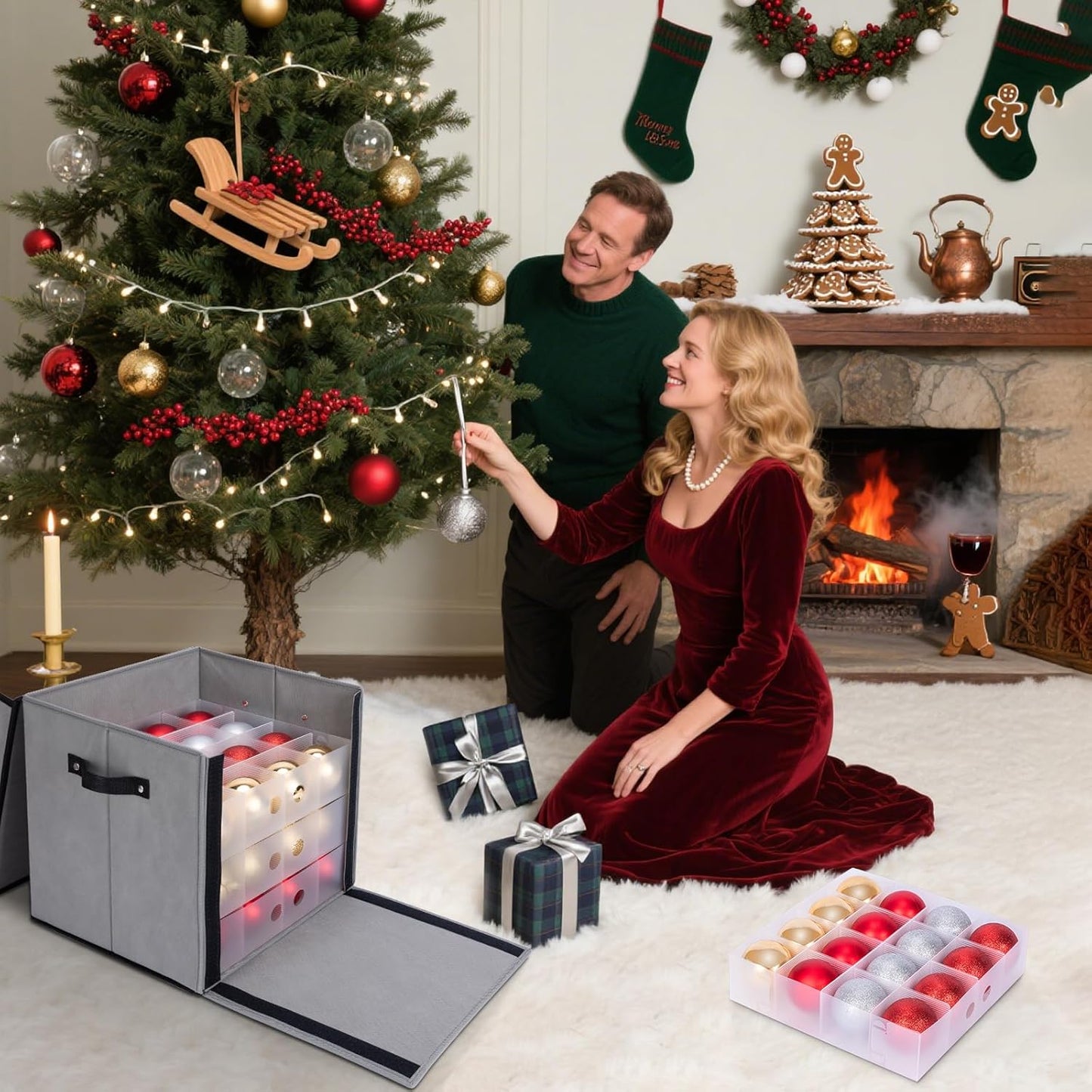 BALEINE Christmas Ornament Storage Box - Premium Container with Dividers for 64 Balls | Black Hard Shell