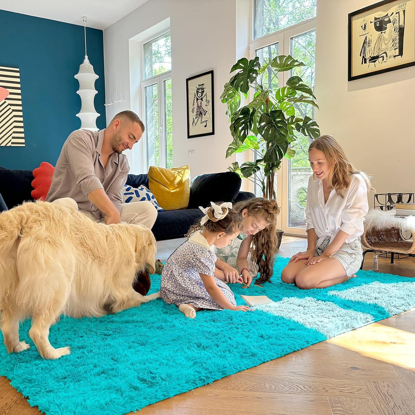 OLANLY Large Area Rug - Soft Fluffy Shaggy Carpet for Living Room & Bedroom | 8x10 Teal Blue