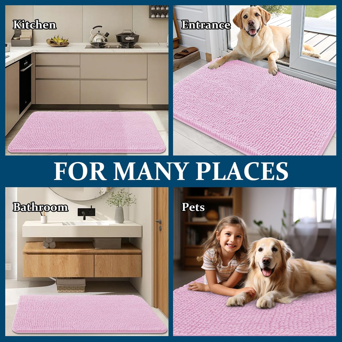 OLANLY Dog Door Mat - Absorbent Non-Slip Chenille Mat for Muddy Paws | 44x24, Quick Dry, Pink
