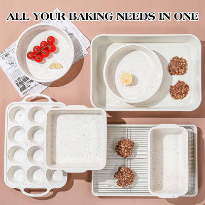 Skiennix Silicone Baking Pans Set - 8 Pcs Nonstick Bakeware with Metal Reinforced Frame | Cream Color