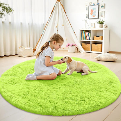 OLANLY Lime Green Round Rugs for Bedroom - Machine Washable, 6 ft Circle Area Rugs for Living Room, Soft and Fluffy Shaggy Carpet for Teen Girl and Boys, Nursery Rooms, Dorms, Home Decor Aesthetic