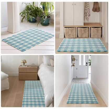 TYUU Waffle Bath Mat, Boho Bathroom Rugs Non Slip Washable Absorbent Checkered Bathroom Mat Quick Dry Cute Bath Mat, 36"x24" Blue and White