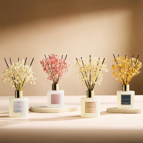 COCORRÍNA Reed Diffuser - Gardenia 6.7 Fl.oz Reed Diffuser Set with Sticks & Preserved Baby's Breath, Reed Diffuser for Home Bathroom Shelf Decor