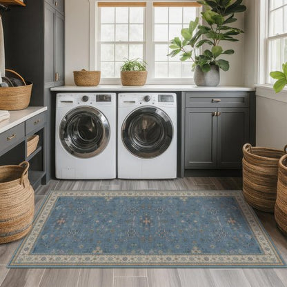 Hazo Haus Boho 2x6 Non Slip Kitchen Rug Runner - Light Blue Washable Rug for Bathroom, Laundry Room, Hallway, Non Slip with Rubber Backing, Floral Eclectic Unique Runner Décor