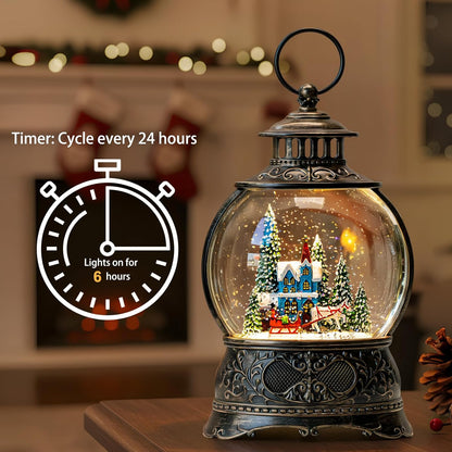 Regine Switzerland Christmas Snow Globe - Musical Water Lantern with Carriage & Timer | USB/Battery Operated