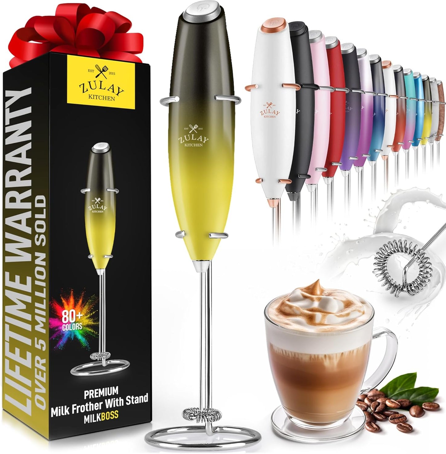 Zulay Powerful Milk Frother Handheld Foam Maker for Lattes - Whisk Drink Mixer for Coffee, Mini Foamer for Cappuccino, Frappe, Matcha, Hot Chocolate by Milk Boss - Honeybee