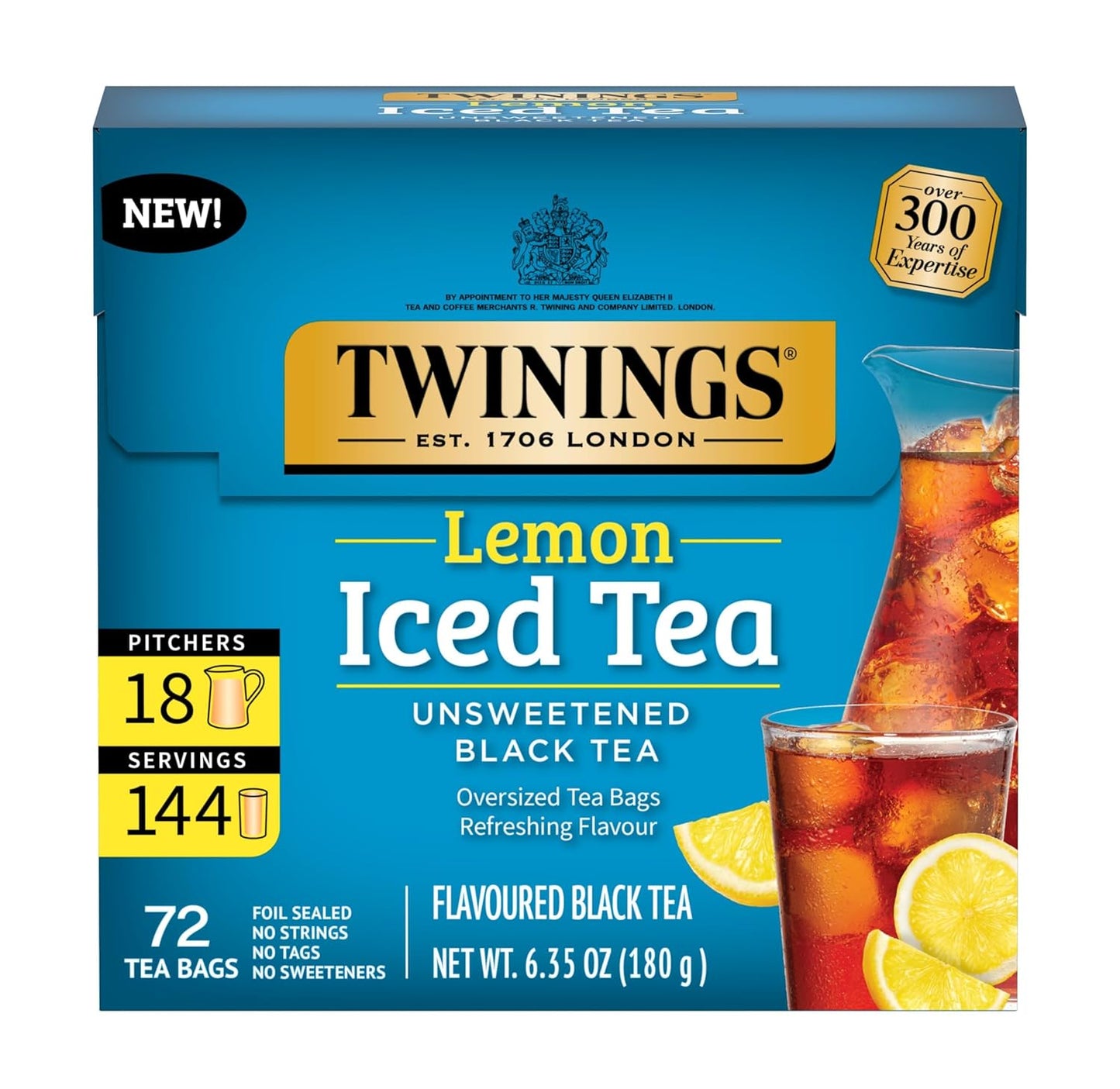 Twinings Lemon Black Iced Tea - Unsweetened & Caffeinated - 72 Oversized Tea Bags for 18 Pitchers