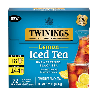Twinings Lemon Black Iced Tea - Unsweetened & Caffeinated - 72 Oversized Tea Bags for 18 Pitchers