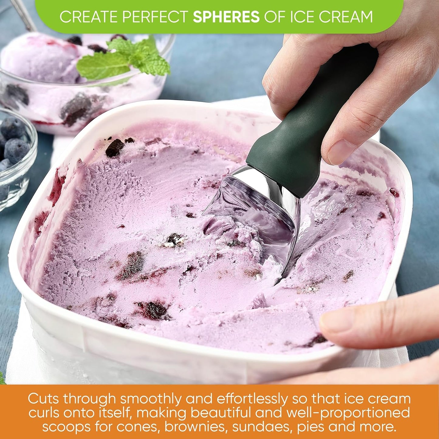 Spring Chef Ice Cream Scoop - Heavy Duty Soft Grip Handle for Gelato, Sorbet & More - Pine Green
