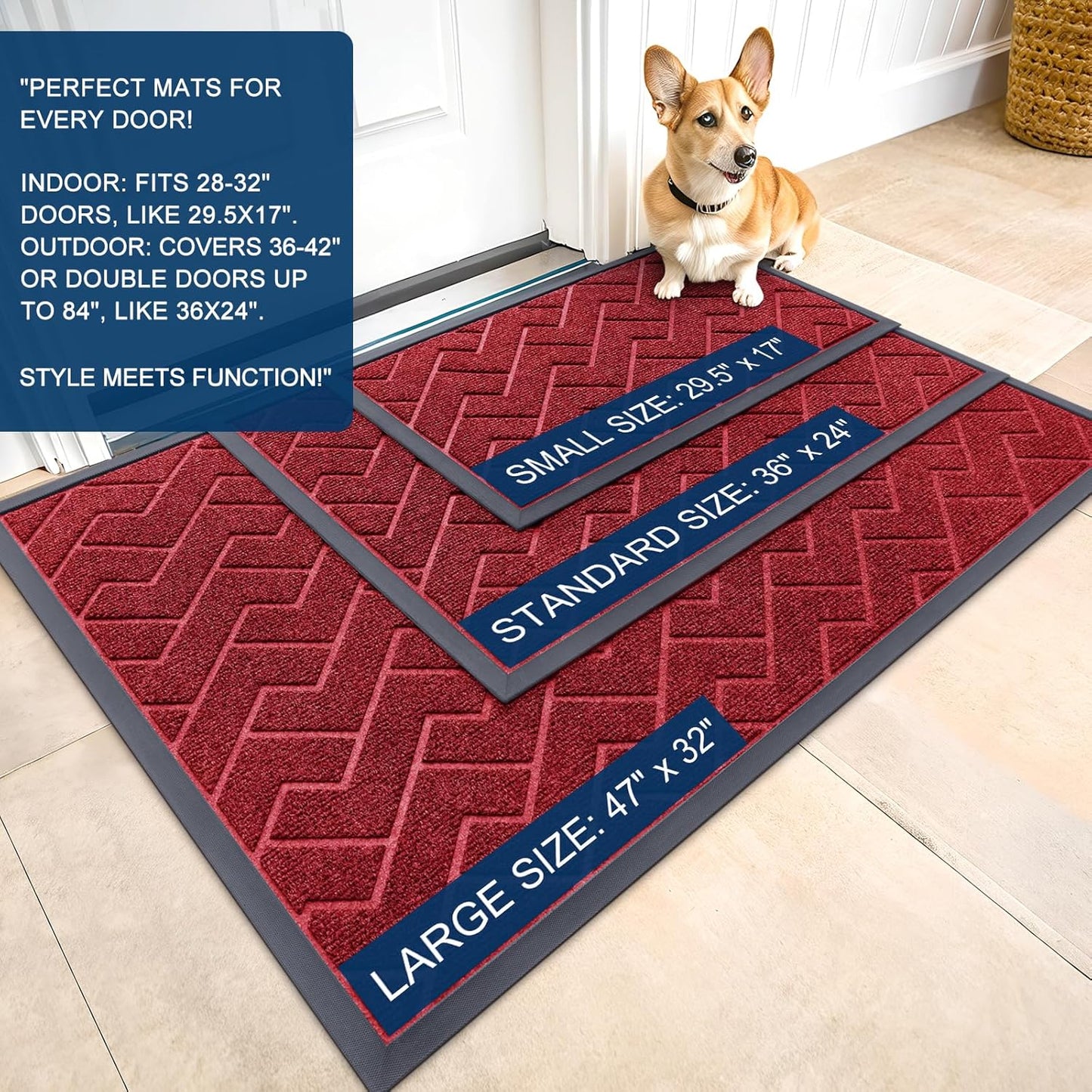 OLANLY Waterproof Front Door Mat - All-Season Indoor/Outdoor Doormat | Sturdy Natural Rubber, Herringbone Brick (Wine Red, 59x35)