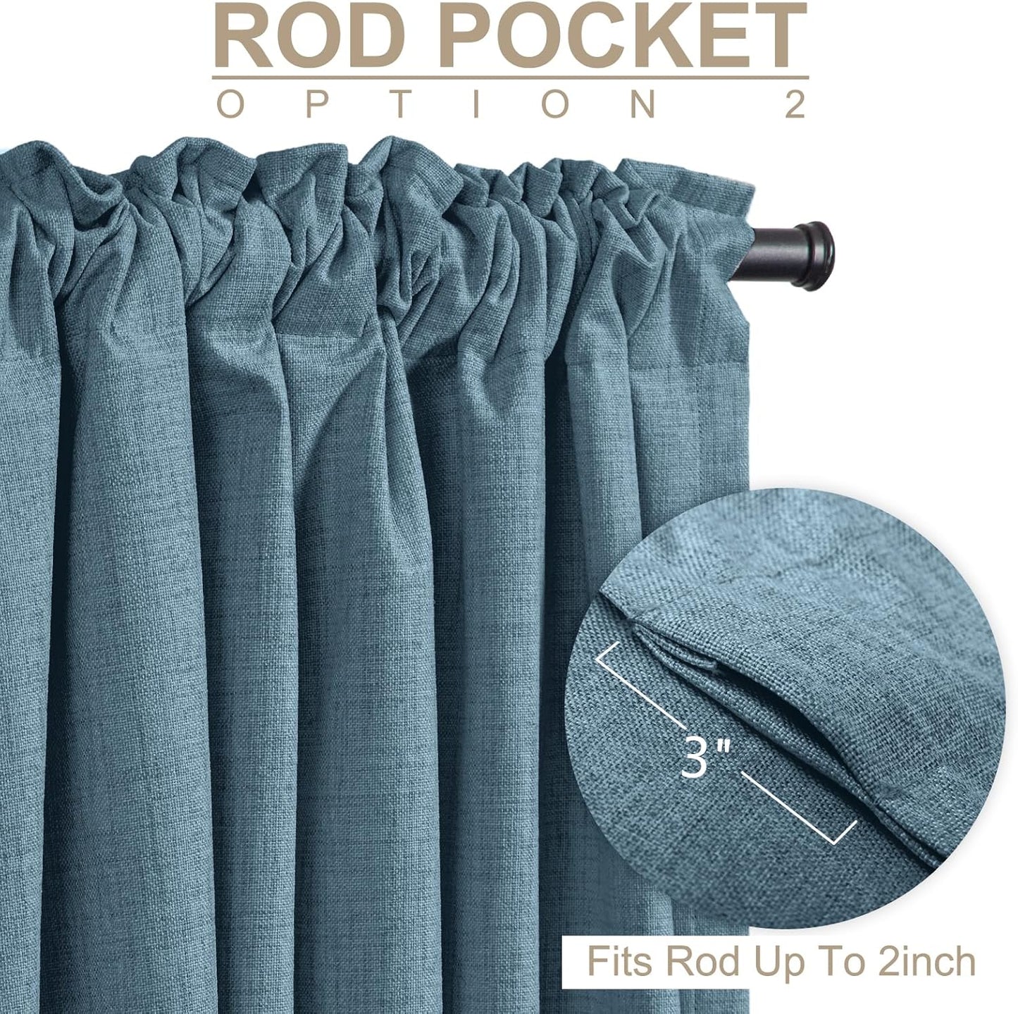 Skiennix 100% Blackout Linen Curtains - Thermal Insulated Drapes, 50" W x 96" L, Stone Blue | 2 Panels Set
