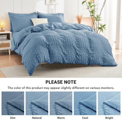 HYMOKEGE Mineral Blue California King Comforter Set Seersucker 7 Pieces, All Season Luxury Bed in a Bag for Bedroom, Bedding Set with Comforter, Sheets, Pillowcases & Shams