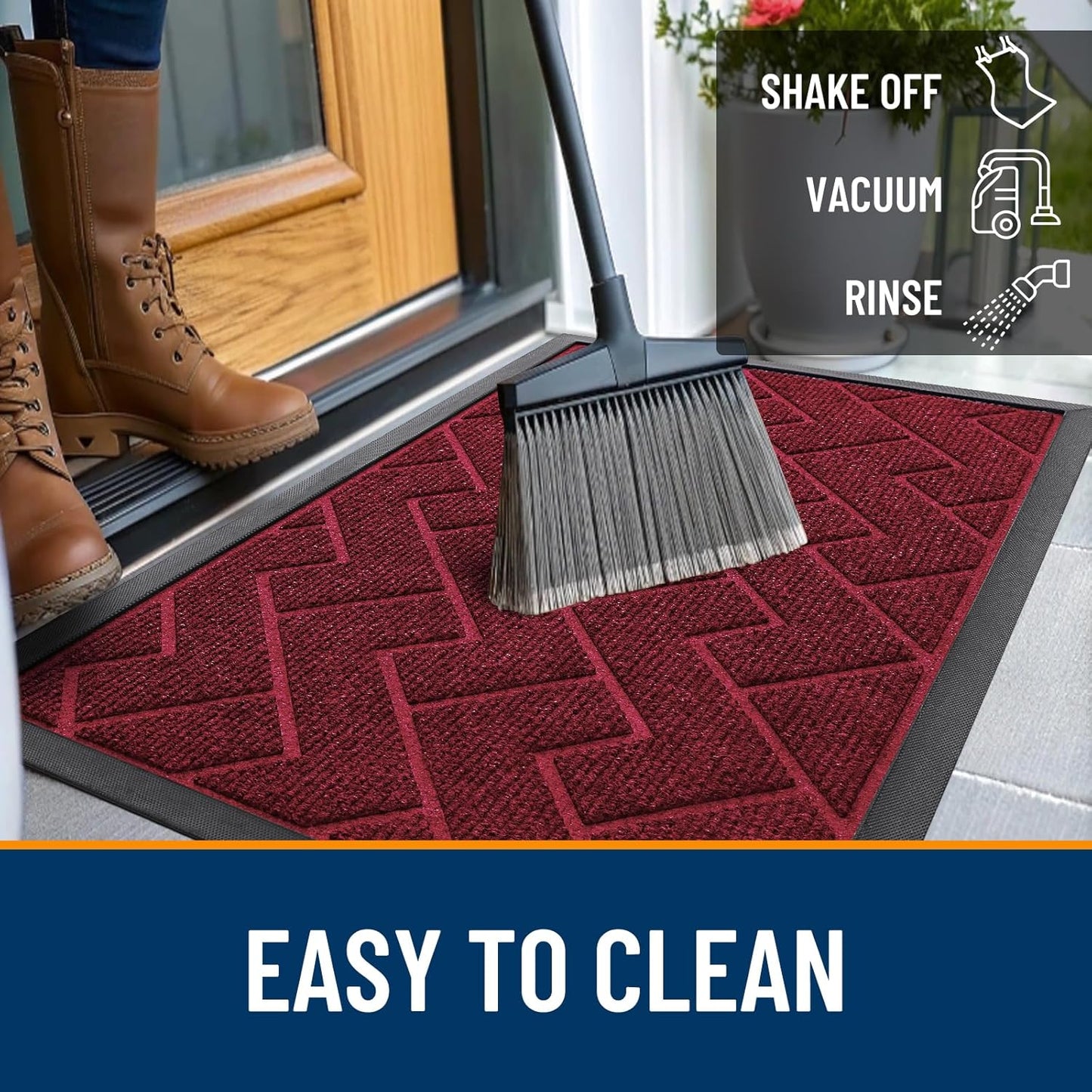 OLANLY Waterproof Front Door Mat - All-Season Indoor/Outdoor Doormat | Sturdy Natural Rubber, Herringbone Brick (Wine Red, 59x35)