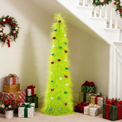 BrilliantJo 5ft Christmas Tree - Collapsible Design with Lights & Ornaments | Green Tinsel Decor