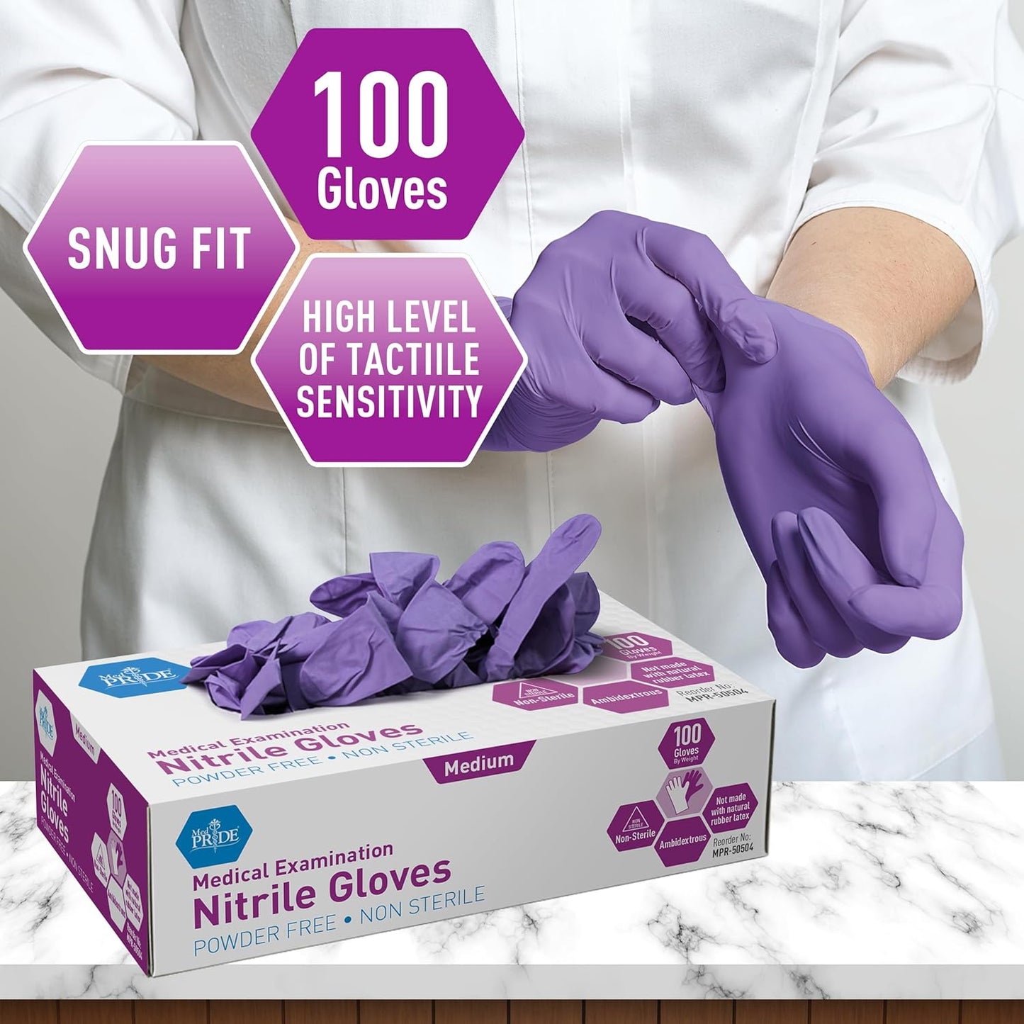 MedPride Nitrile Exam Gloves - Powder-Free, Iris Blue, Medium Size, Box of 100